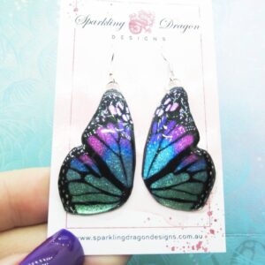 Butterfly Double Wing Earrings Pale Blue & Pink - Fairy Jewellery Fun Gift for her, Statement Present Sparkly - Resin with Glitter Finish