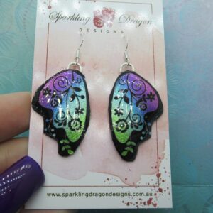 Butterfly Earrings Green to Pink with Flowers - Fairy Jewellery, Gift for her Fairy Wing Earrings - Sparkly - Resin with Glitter Finish