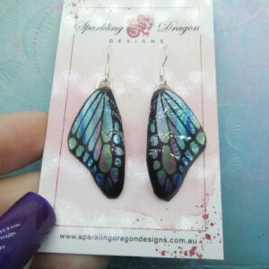 Butterfly Earrings Pale Blue & Rainbow Streaks - Fairy Jewellery, Fun Gift for her Statement Present Sparkly - Resin with Glitter Finish
