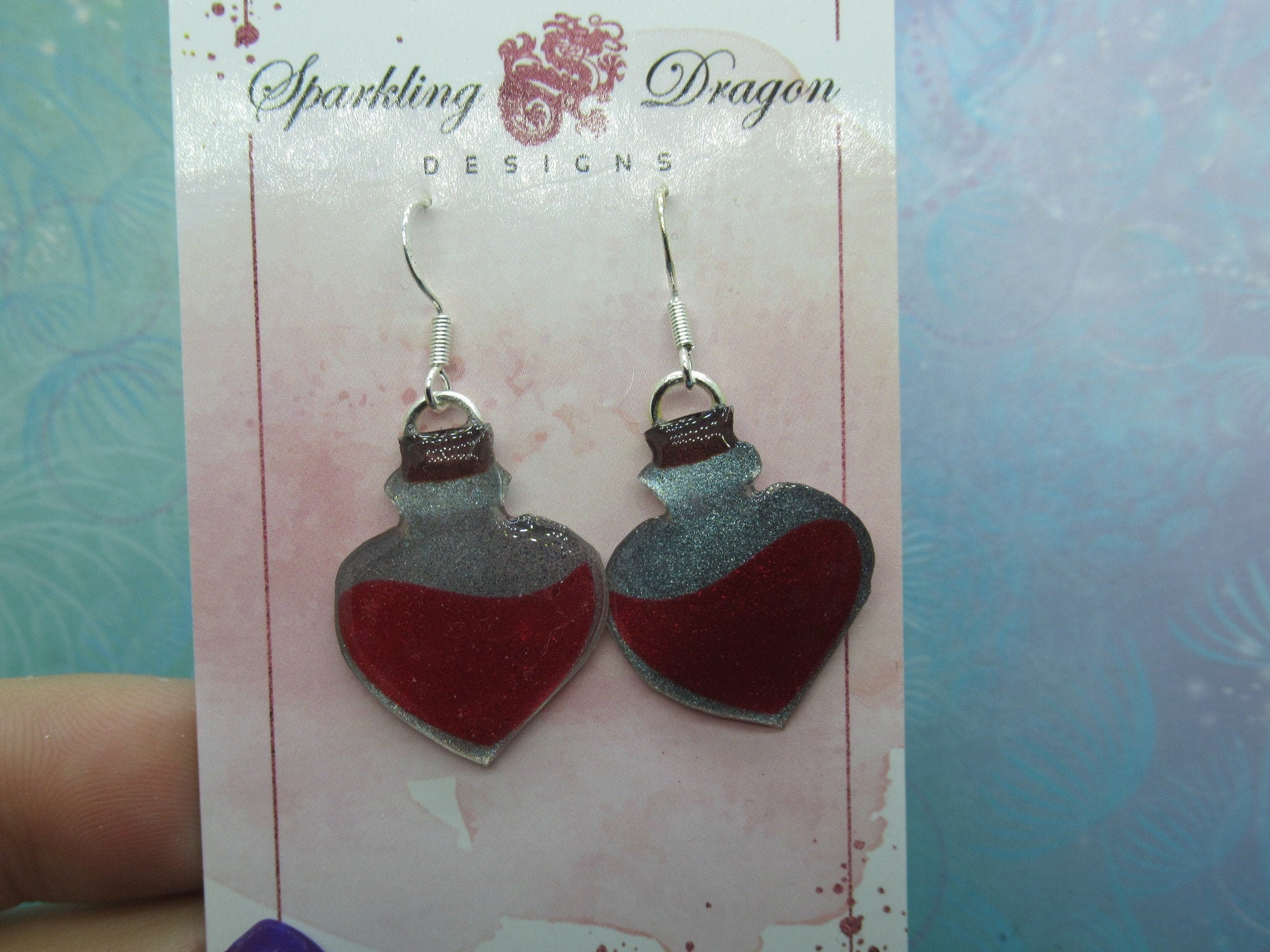 Red Magic Potion Bottle Witchy Earrings - New Age Boho gift - Resin with Glitter Finish - Image 3