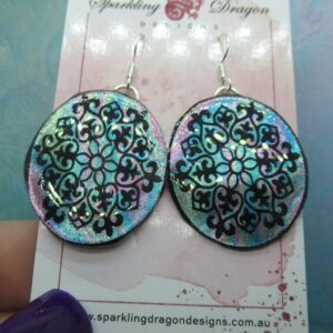 Elegant Motif Earrings -Blue and Pink - New Age Boho gift - Swirling Colours in Resin with Glitter Finish