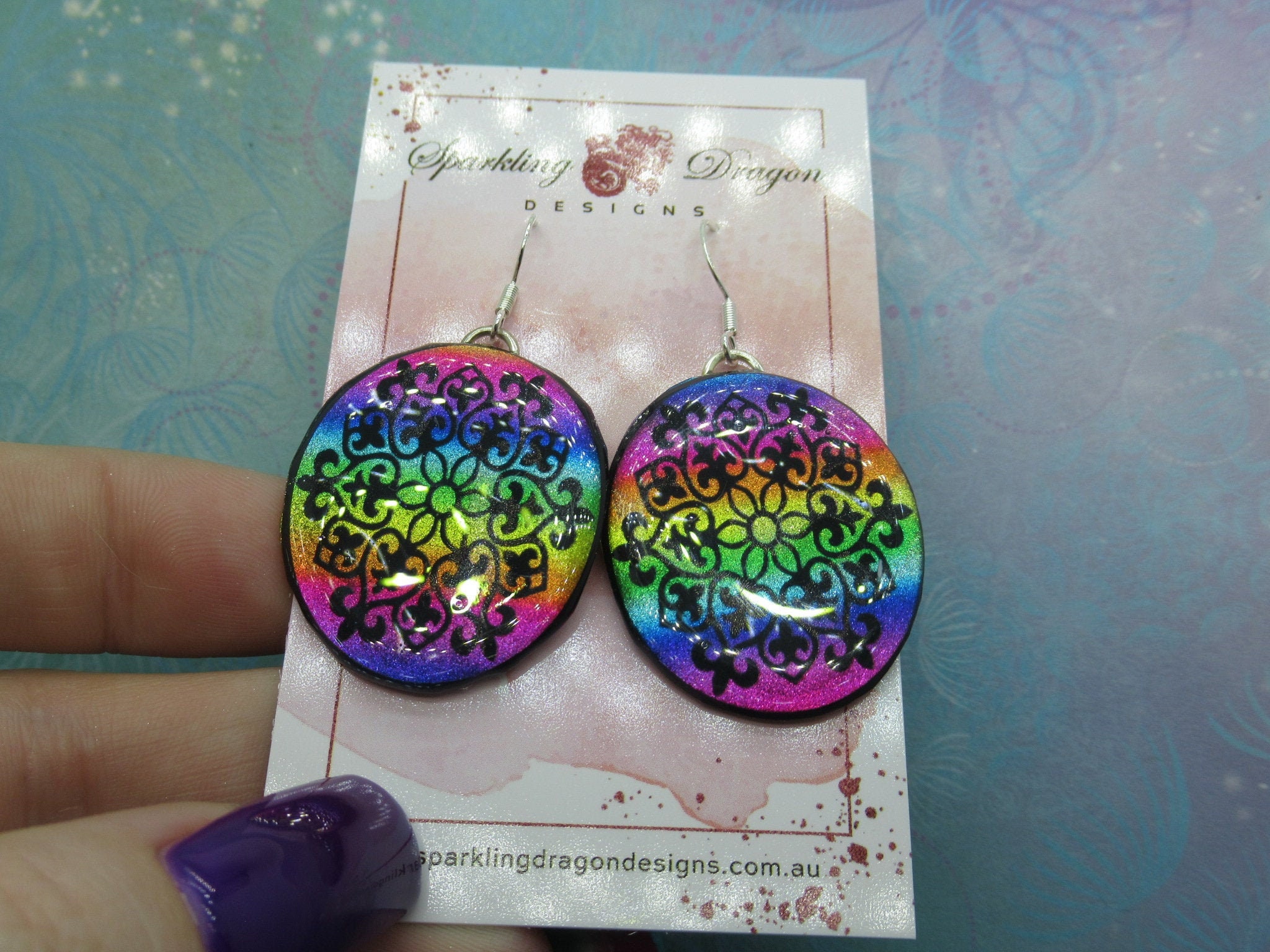 Elegant Motif Earrings Rainbow Colours - New Age Boho gift - Resin with Glitter Finish