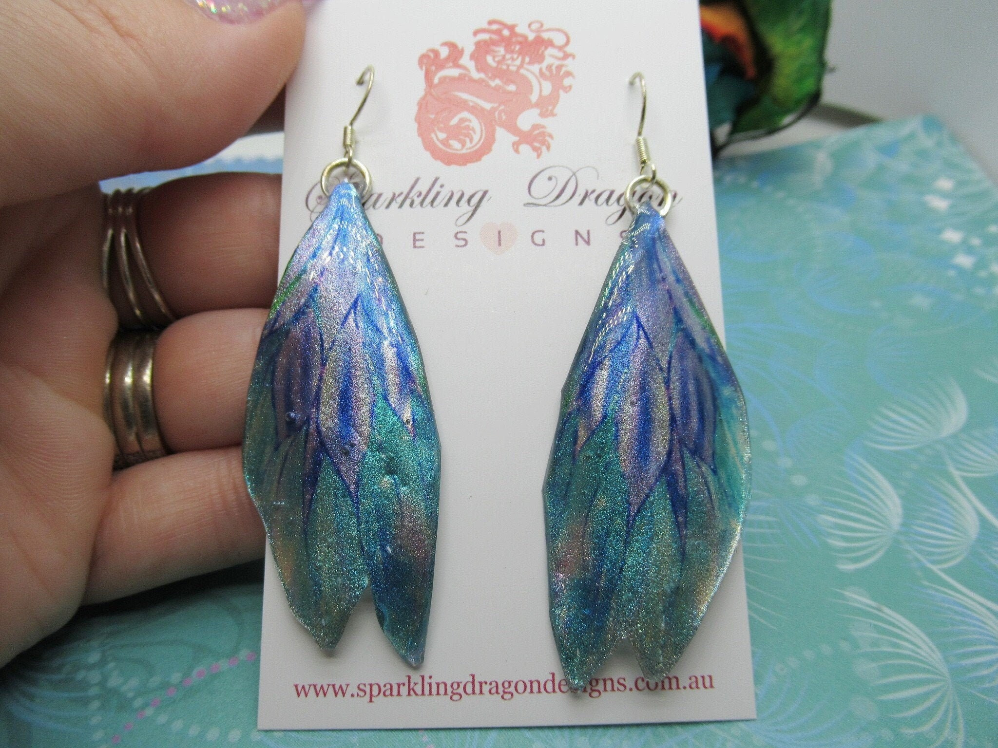 Butterfly Wing Earrings Two Silvery Blues - Fairy Jewellery, Fun Gift for her Fairy Wing Earrings - Sparkly - Resin with Glitter Finish
