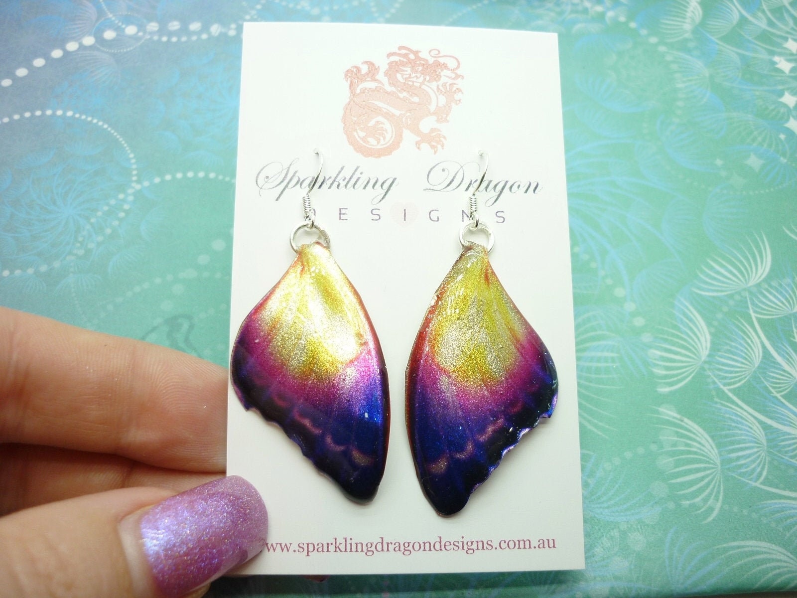 Butterfly Earrings Mystic Sunset - Fairy Jewellery Fun Gift for her, Fairy Wing Earrings - Sparkly - Resin with Glitter Finish - Image 3