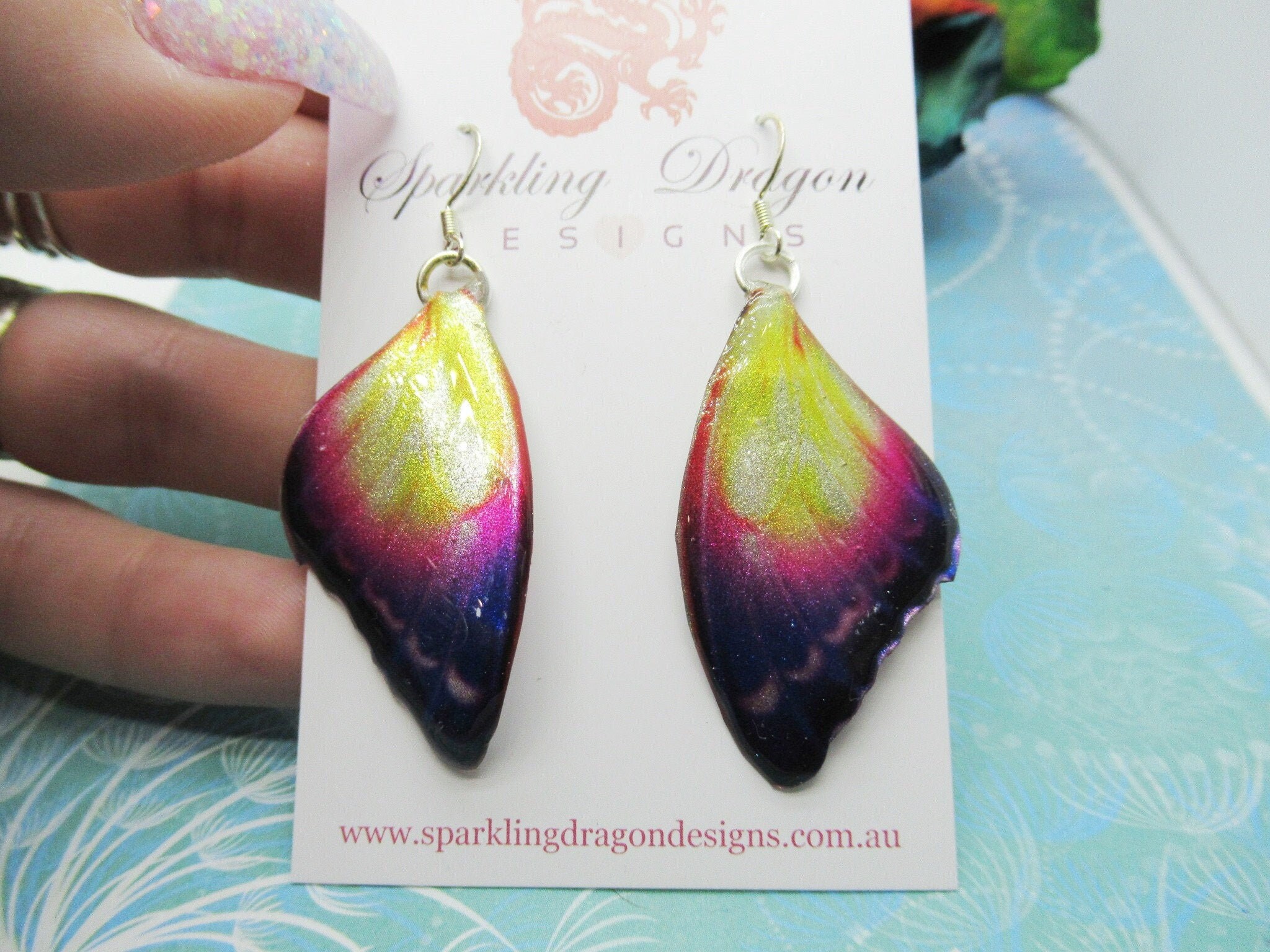Butterfly Earrings Mystic Sunset - Fairy Jewellery Fun Gift for her, Fairy Wing Earrings - Sparkly - Resin with Glitter Finish - Image 6