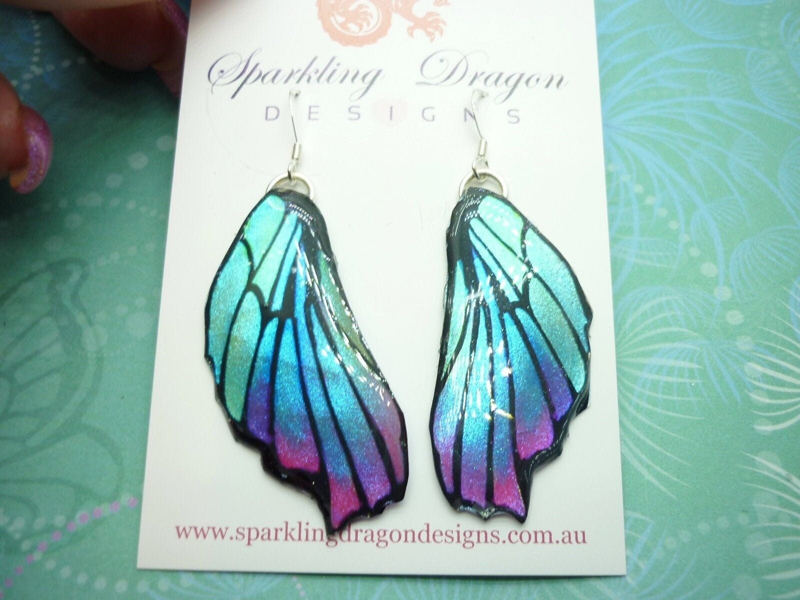 Butterfly Wing Blue & Pink Earrings - Fairy Jewellery, Fun Gift for her Fairy Wing Earrings - Sparkly - Resin with Glitter Finish