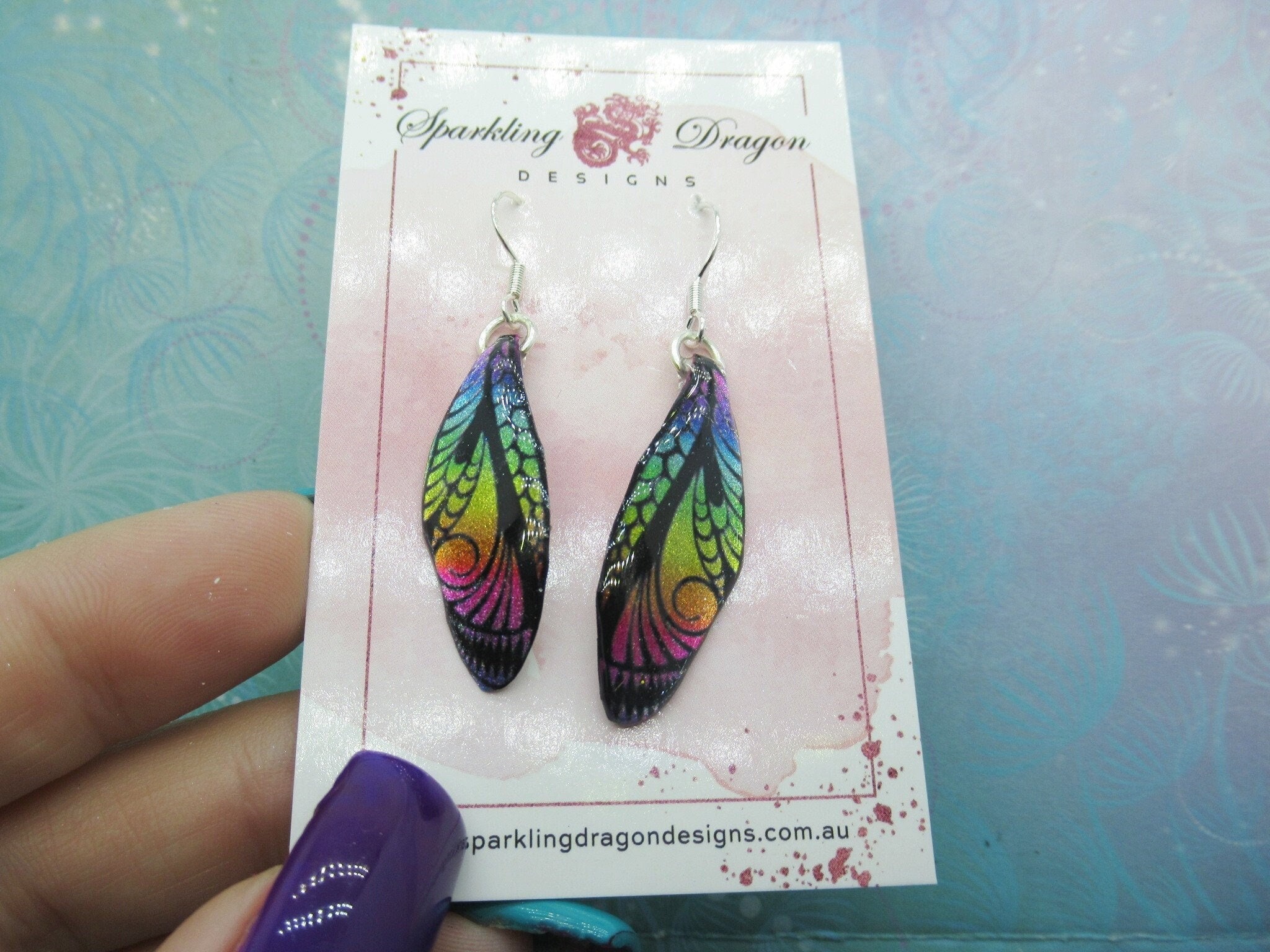 Butterfly Earrings Rainbow & Black Sparkle - Fairy Jewellery, Fun Gift for her Fairy Wing Earrings - Sparkly - Resin with Glitter Finish