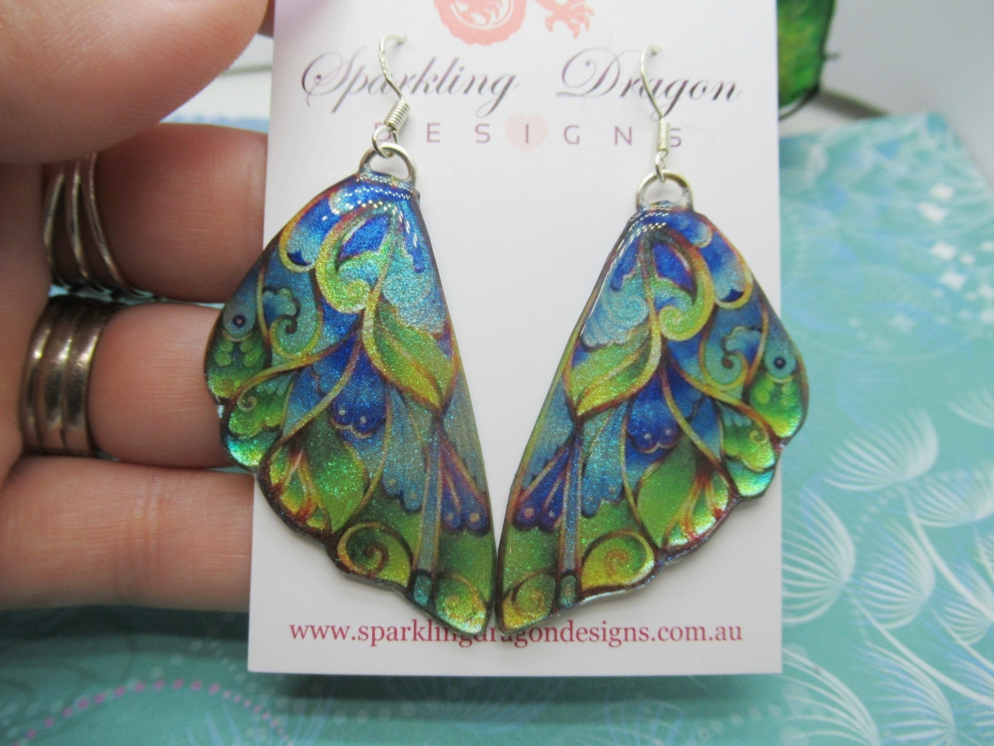 Blue Green Butterfly Wing Earrings semi-transparent Fairy Jewellery, Fun Gift Fairy Wing Earrings - Sparkly - Resin with Glitter Finish