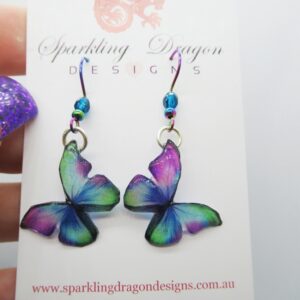Little Butterfly Earrings Green, Blue, Purple with Bead - Fairy Jewellery, Fairy Wing Earrings - Sparkly - Resin with Glitter Finish