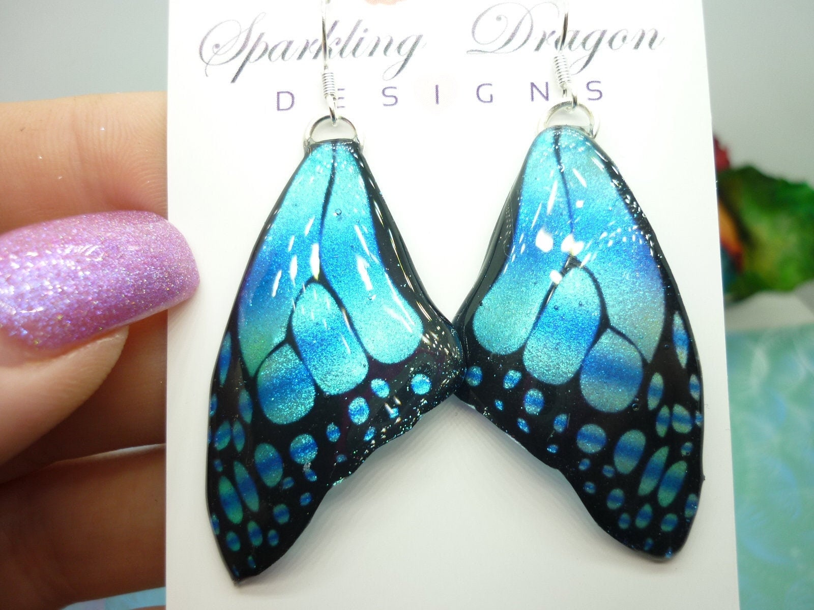 Butterfly Wing Large Size Earrings Soft Blue Stained Glass- Fairy Jewellery, Fairy Wing Earrings - Sparkly - Resin with Glitter Finish - Image 9