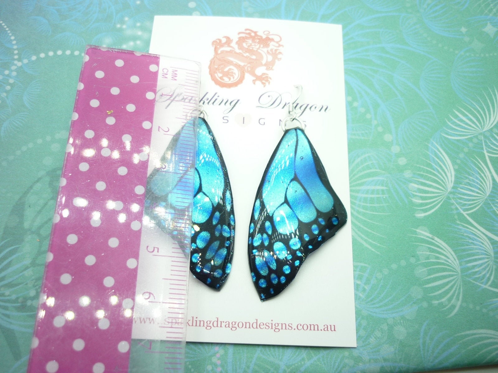 Butterfly Wing Large Size Earrings Soft Blue Stained Glass- Fairy Jewellery, Fairy Wing Earrings - Sparkly - Resin with Glitter Finish - Image 6