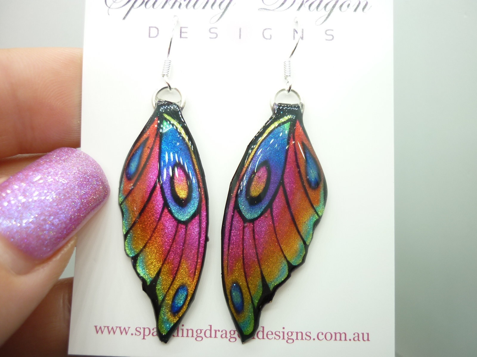Butterfly Wing Earrings Rainbow - Fairy Jewellery, Fun Gift for her Fairy Wing Earrings - Sparkly - Resin with Glitter Finish - Image 2