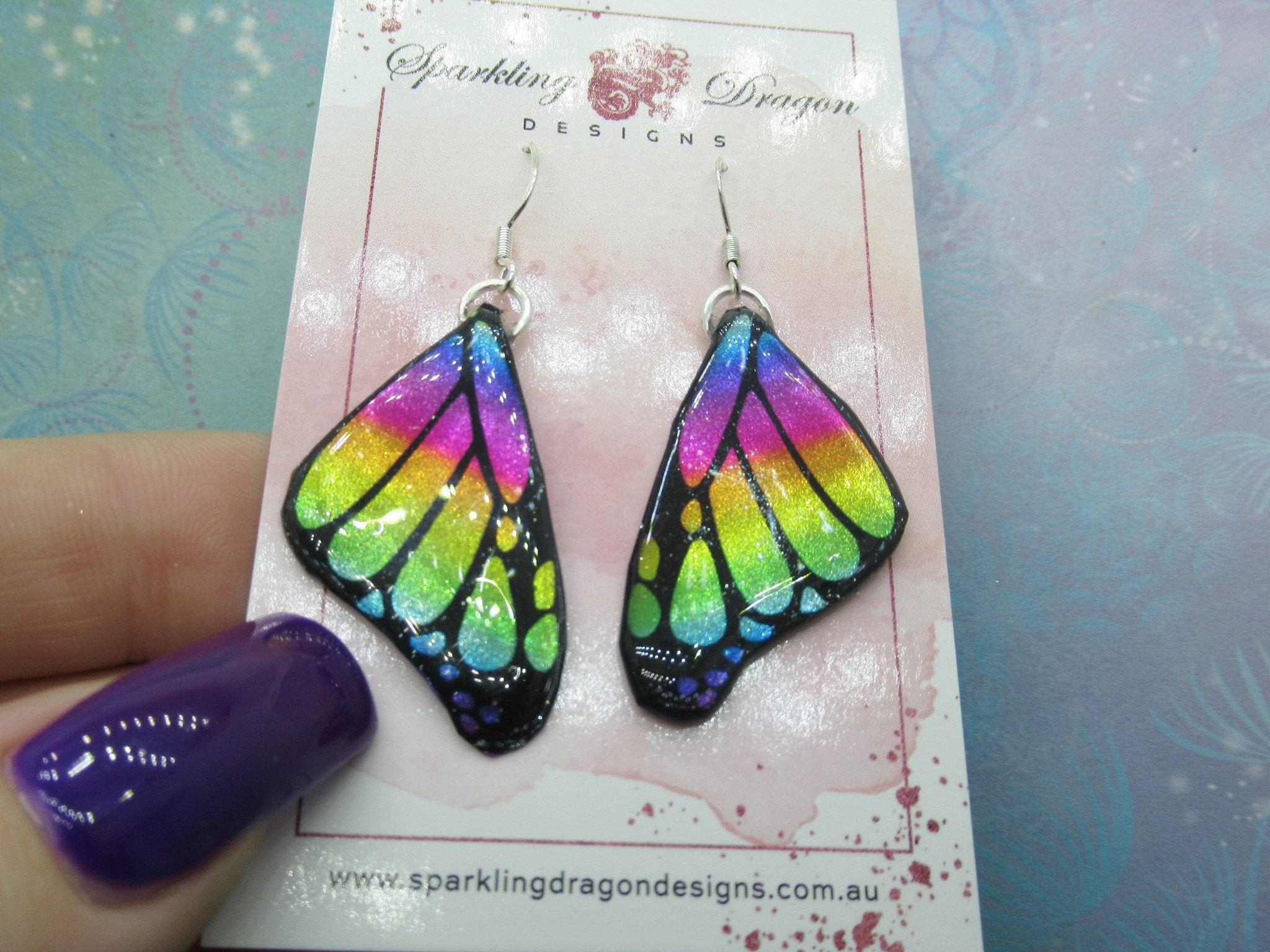 Butterfly Earrings Rainbow Colours - Fairy Jewellery, Gift for her Fairy Wing Earrings - Sparkly - Resin with Glitter Finish
