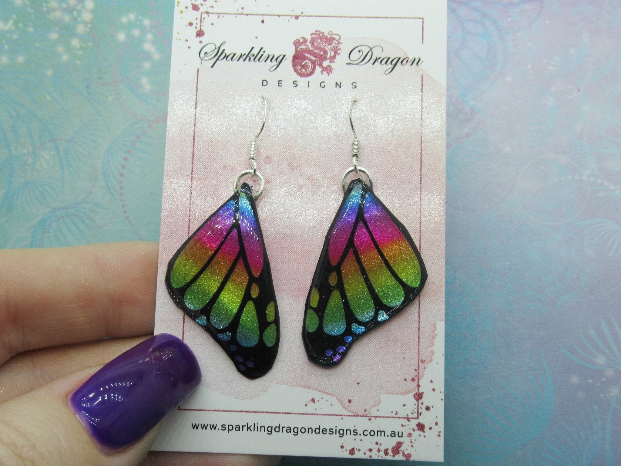 Butterfly Earrings Rainbow Colours - Fairy Jewellery, Gift for her Fairy Wing Earrings - Sparkly - Resin with Glitter Finish - Image 2