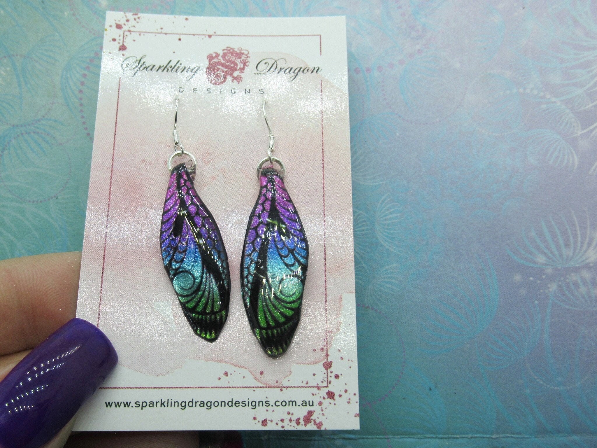 Butterfly Earrings Patterned, Pink to Green - Fairy Jewellery Fun Gift for her Fairy Wing Earrings - Sparkly - Resin with Glitter Finish