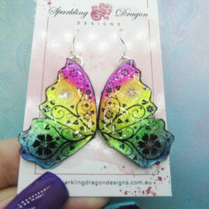 Butterfly Double Wing Earrings Rainbow - Fairy Jewellery Fun Gift for her, Fairy Wing Earrings - Sparkly - Resin with Glitter Finish
