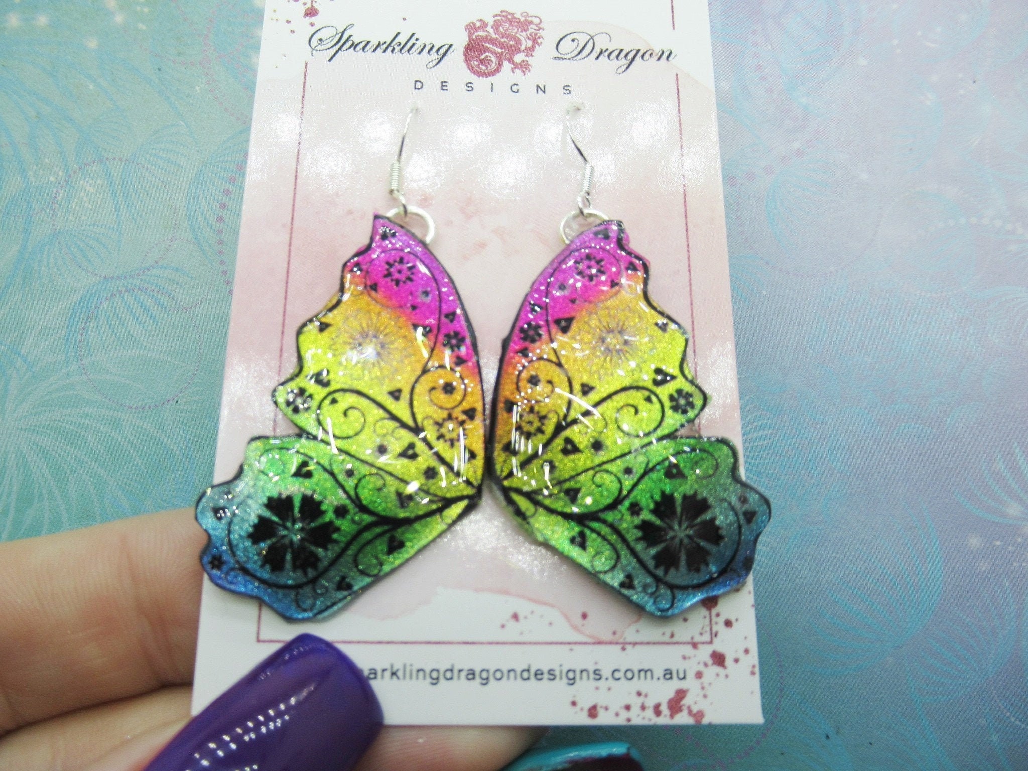 Butterfly Double Wing Earrings Rainbow - Fairy Jewellery Fun Gift for her, Fairy Wing Earrings - Sparkly - Resin with Glitter Finish