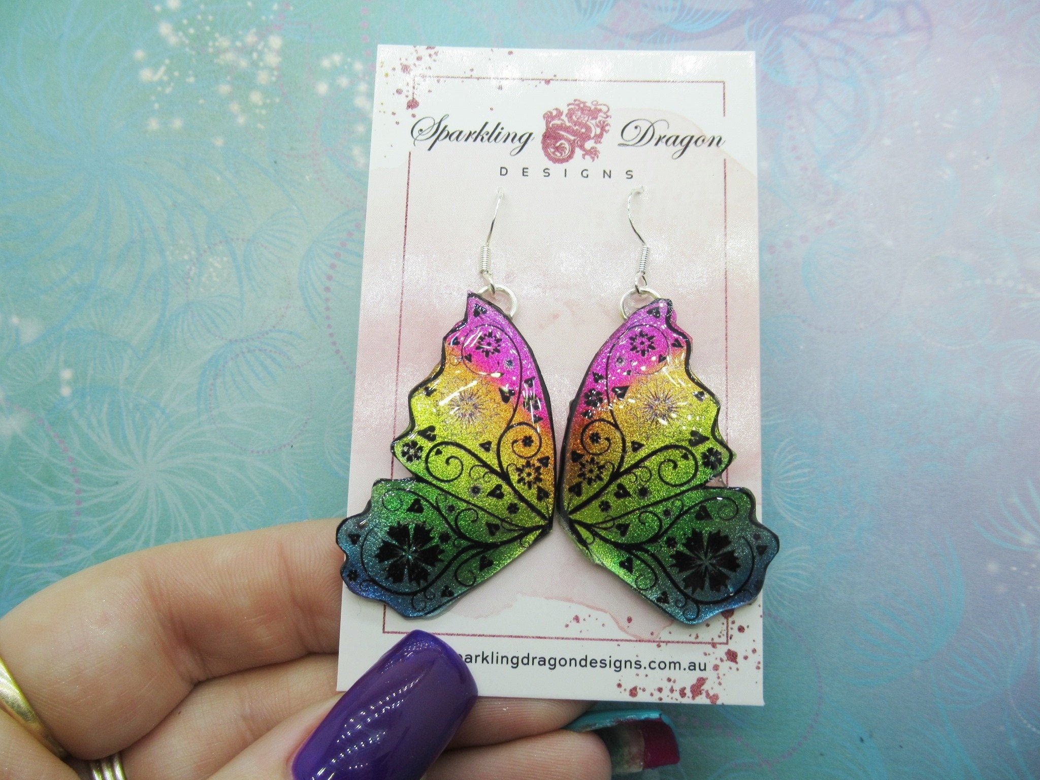 Butterfly Double Wing Earrings Rainbow - Fairy Jewellery Fun Gift for her, Fairy Wing Earrings - Sparkly - Resin with Glitter Finish - Image 2