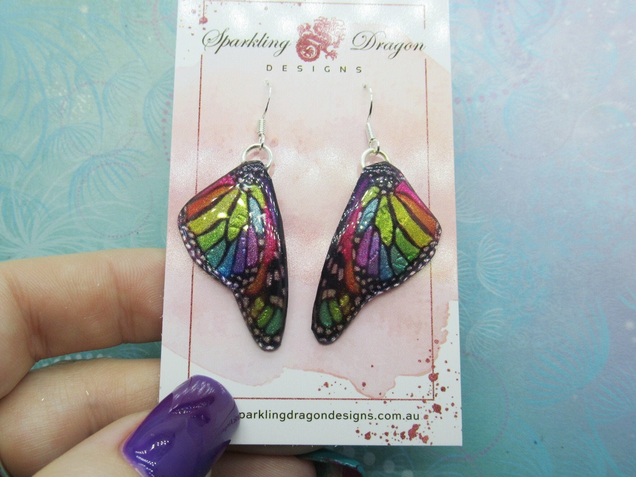 Butterfly Earrings Stained Glass Rainbow - Fairy Jewellery, Gift for her Fairy Wing Earrings - Sparkly - Resin with Glitter Finish