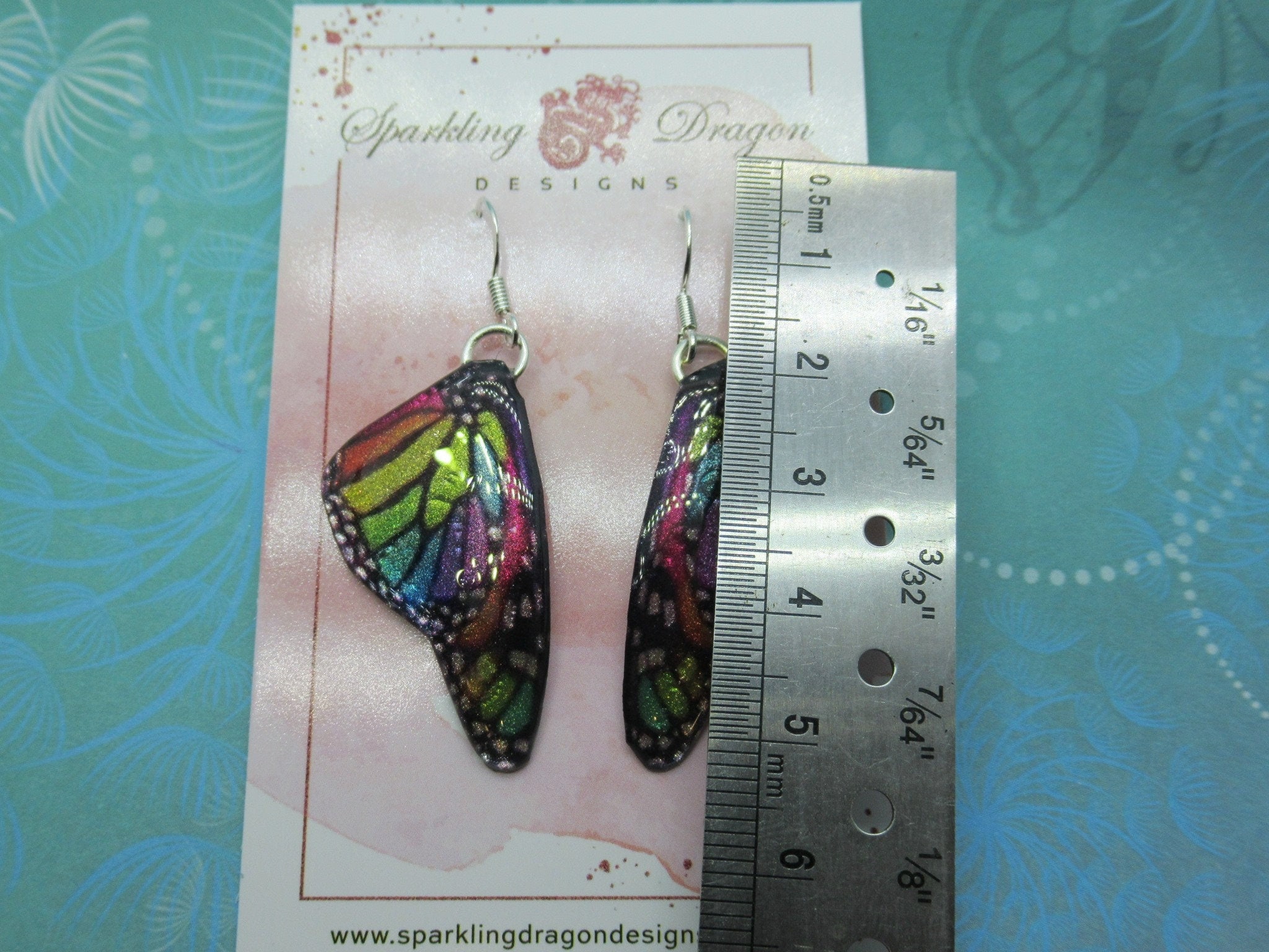 Butterfly Earrings Stained Glass Rainbow - Fairy Jewellery, Gift for her Fairy Wing Earrings - Sparkly - Resin with Glitter Finish - Image 3