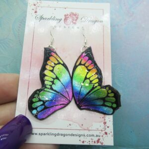 Butterfly Double Wing Earrings Shimmer Rainbow - Fairy Jewellery Fun Gift for her, Statement Present Sparkly - Resin with Glitter Finish