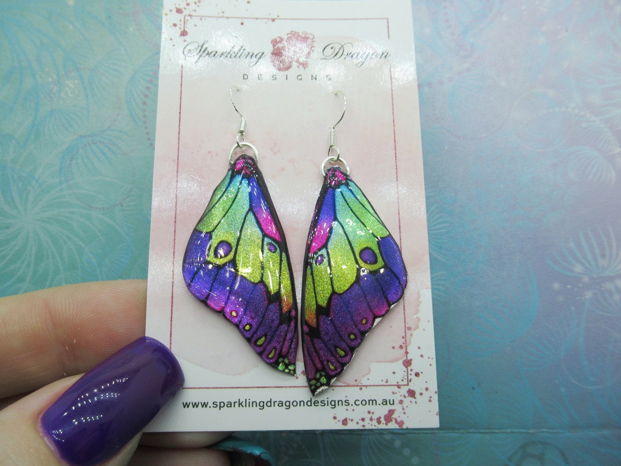 Butterfly Earrings Stained Purple and Lime Green Fairy Jewellery, Gift for her Fairy Wing Earrings - Sparkly - Resin with Glitter Finish - Image 3