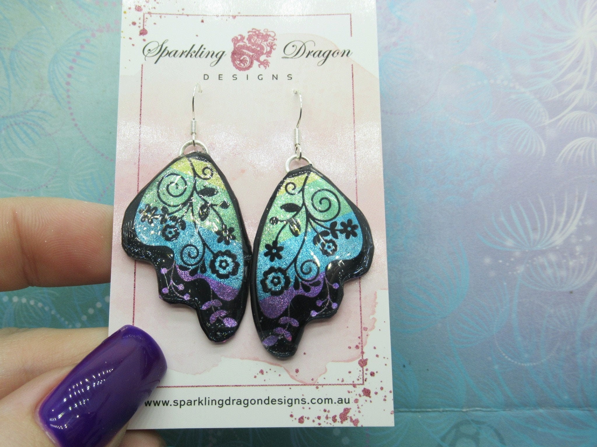 Butterfly Earrings Pale Blue & Green with Flowers - Fairy Jewellery, Gift for her Fairy Wing Earrings - Sparkly - Resin with Glitter Finish
