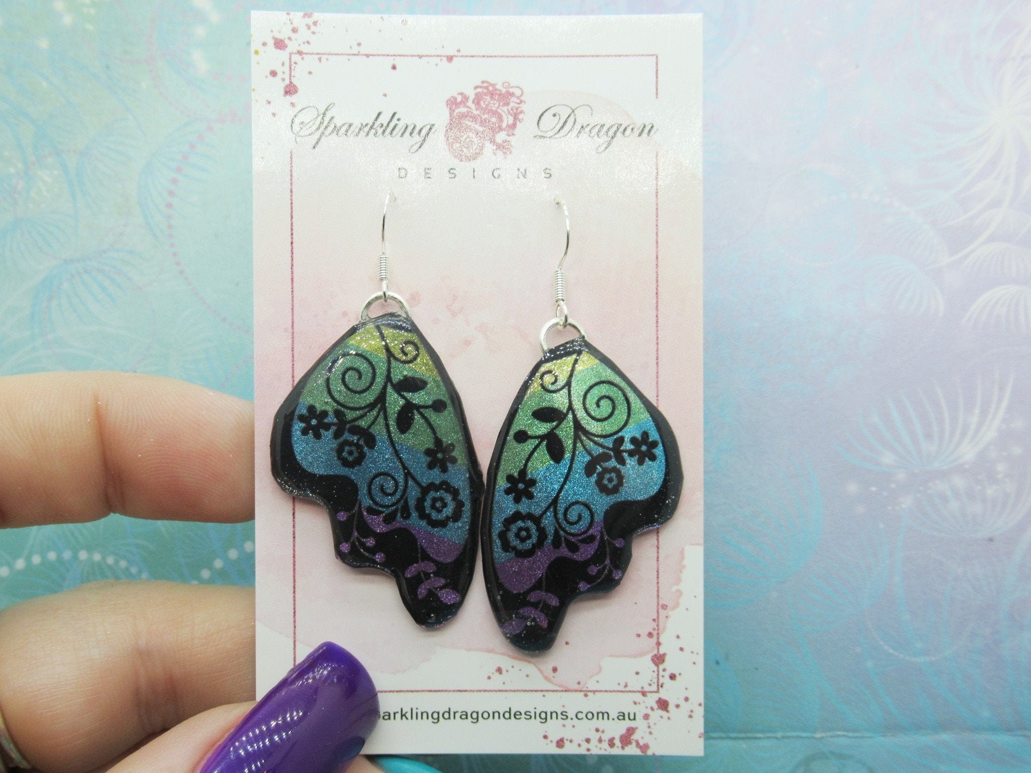 Butterfly Earrings Pale Blue & Green with Flowers - Fairy Jewellery, Gift for her Fairy Wing Earrings - Sparkly - Resin with Glitter Finish - Image 2