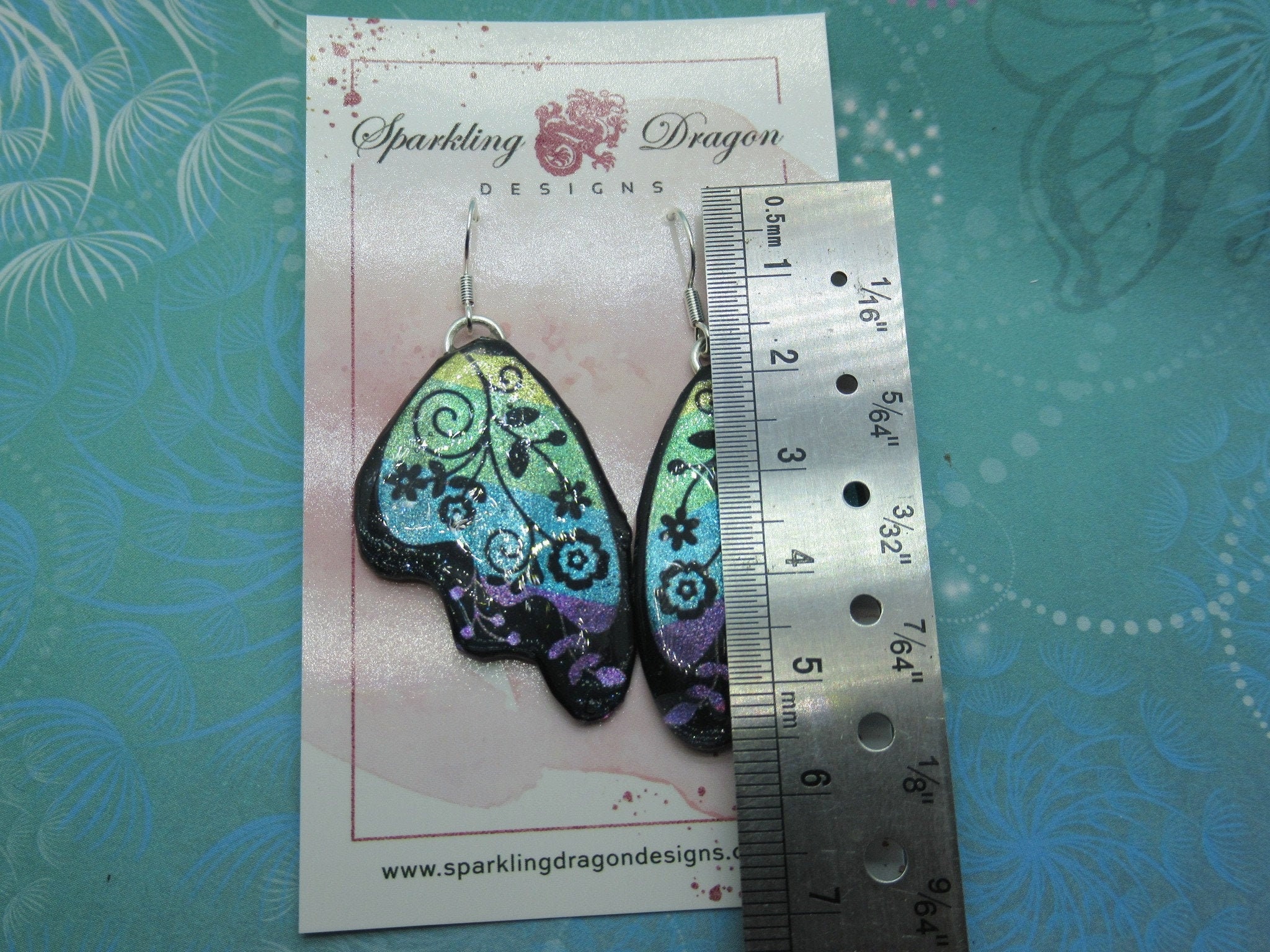 Butterfly Earrings Pale Blue & Green with Flowers - Fairy Jewellery, Gift for her Fairy Wing Earrings - Sparkly - Resin with Glitter Finish - Image 3