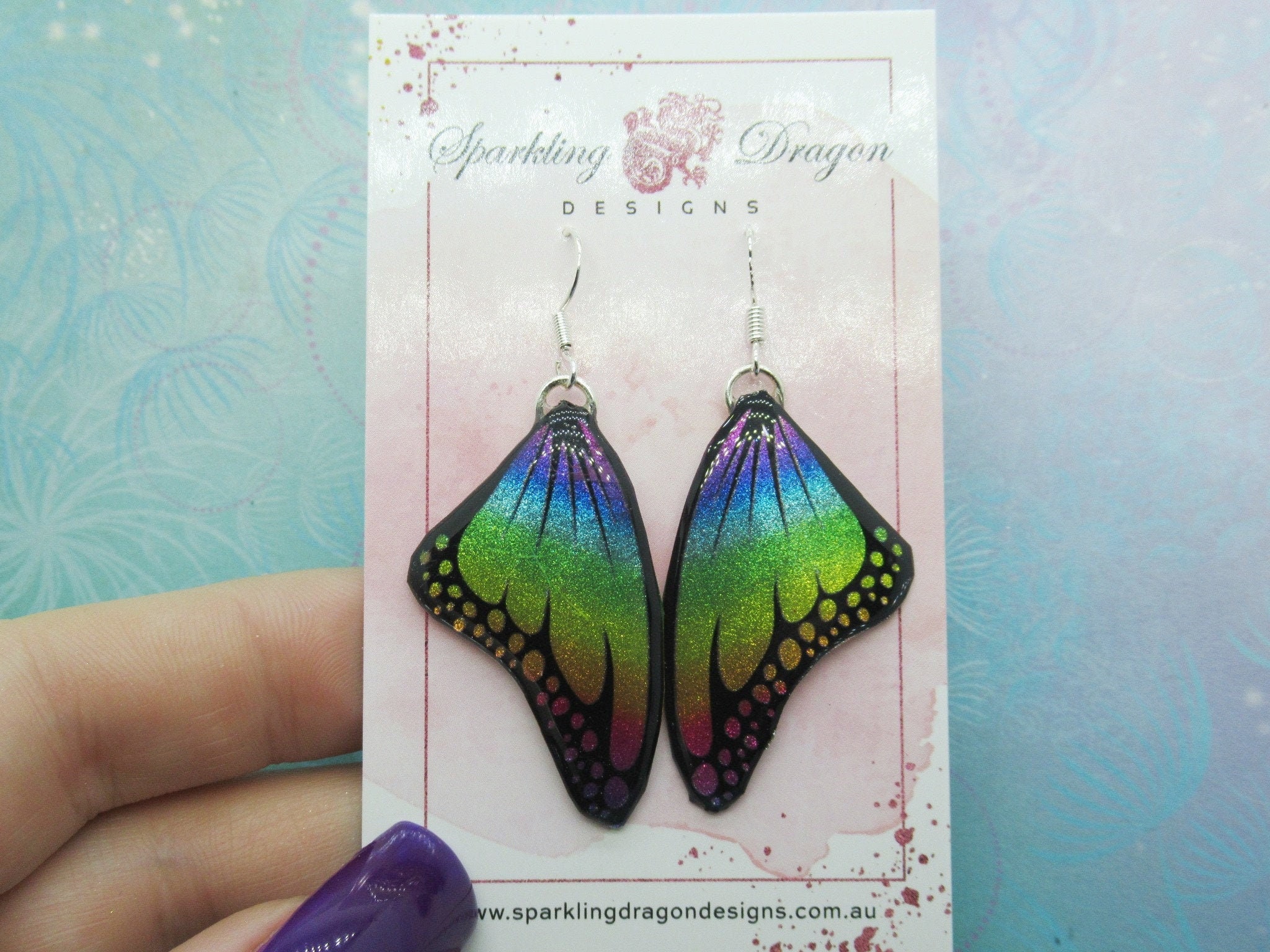 Butterfly Earrings Rainbow Colours with Spots - Fairy Jewellery, Gift for her Fairy Wing Earrings - Sparkly - Resin with Glitter Finish - Image 2