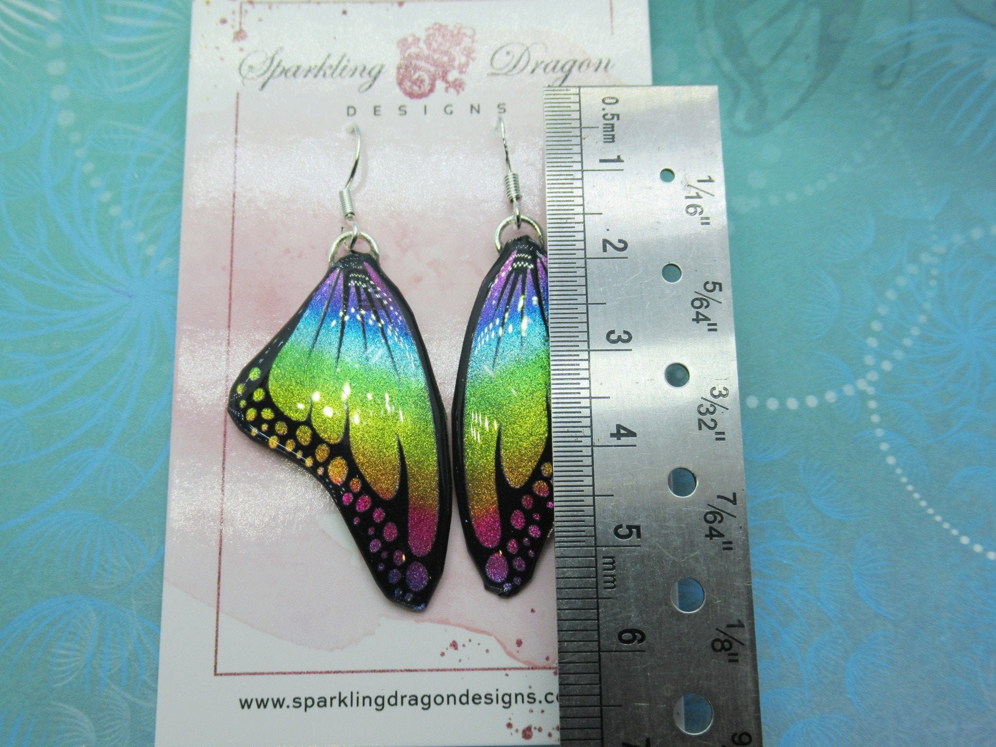 Butterfly Earrings Rainbow Colours with Spots - Fairy Jewellery, Gift for her Fairy Wing Earrings - Sparkly - Resin with Glitter Finish - Image 3