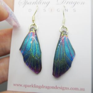 Butterfly Earrings Blue with Green & Pink Lines - Fairy Jewellery, Fun Gift for her Statement Present Sparkly - Resin with Glitter Finish