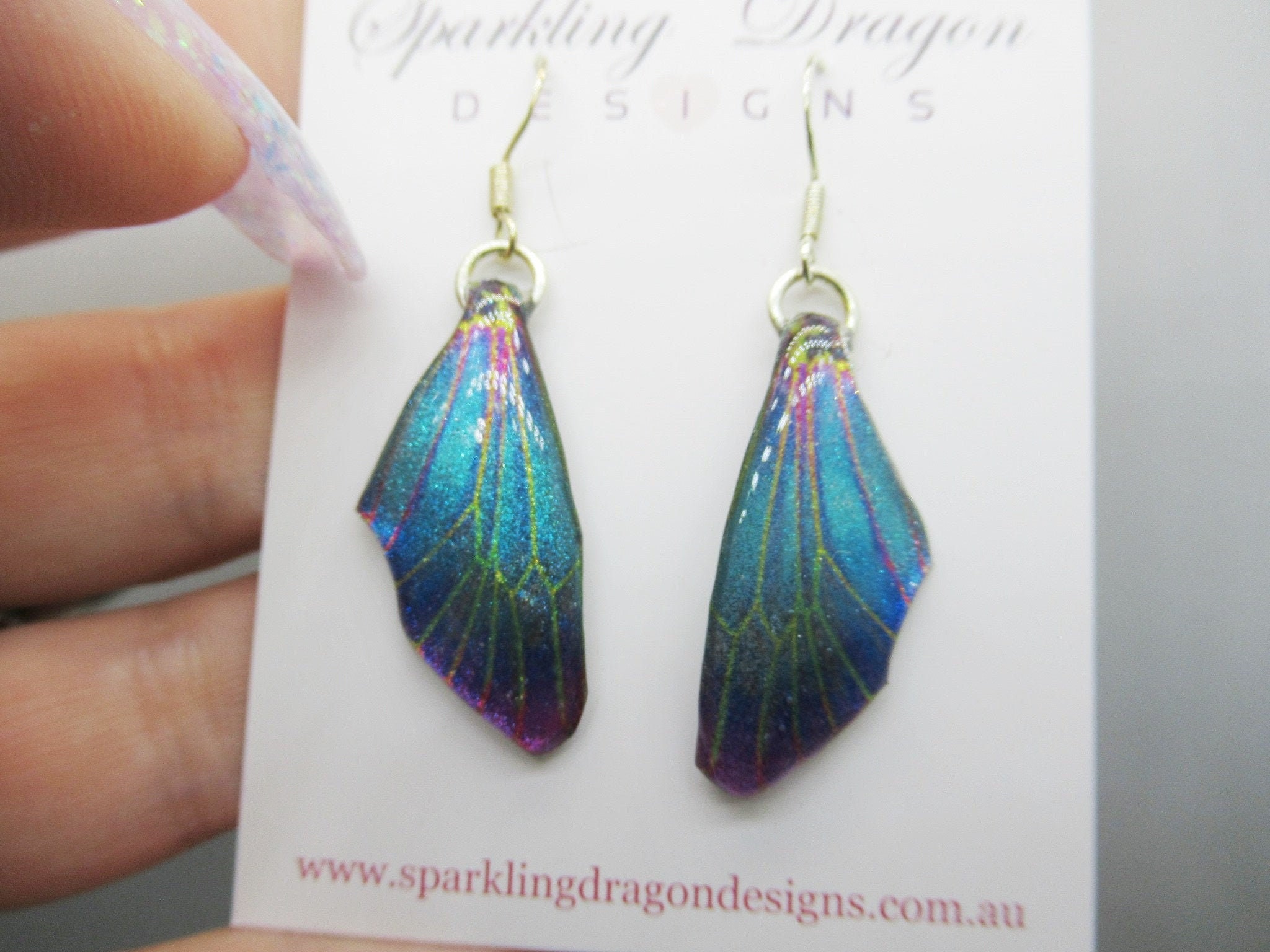 Butterfly Earrings Blue with Green & Pink Lines - Fairy Jewellery, Fun Gift for her Statement Present Sparkly - Resin with Glitter Finish