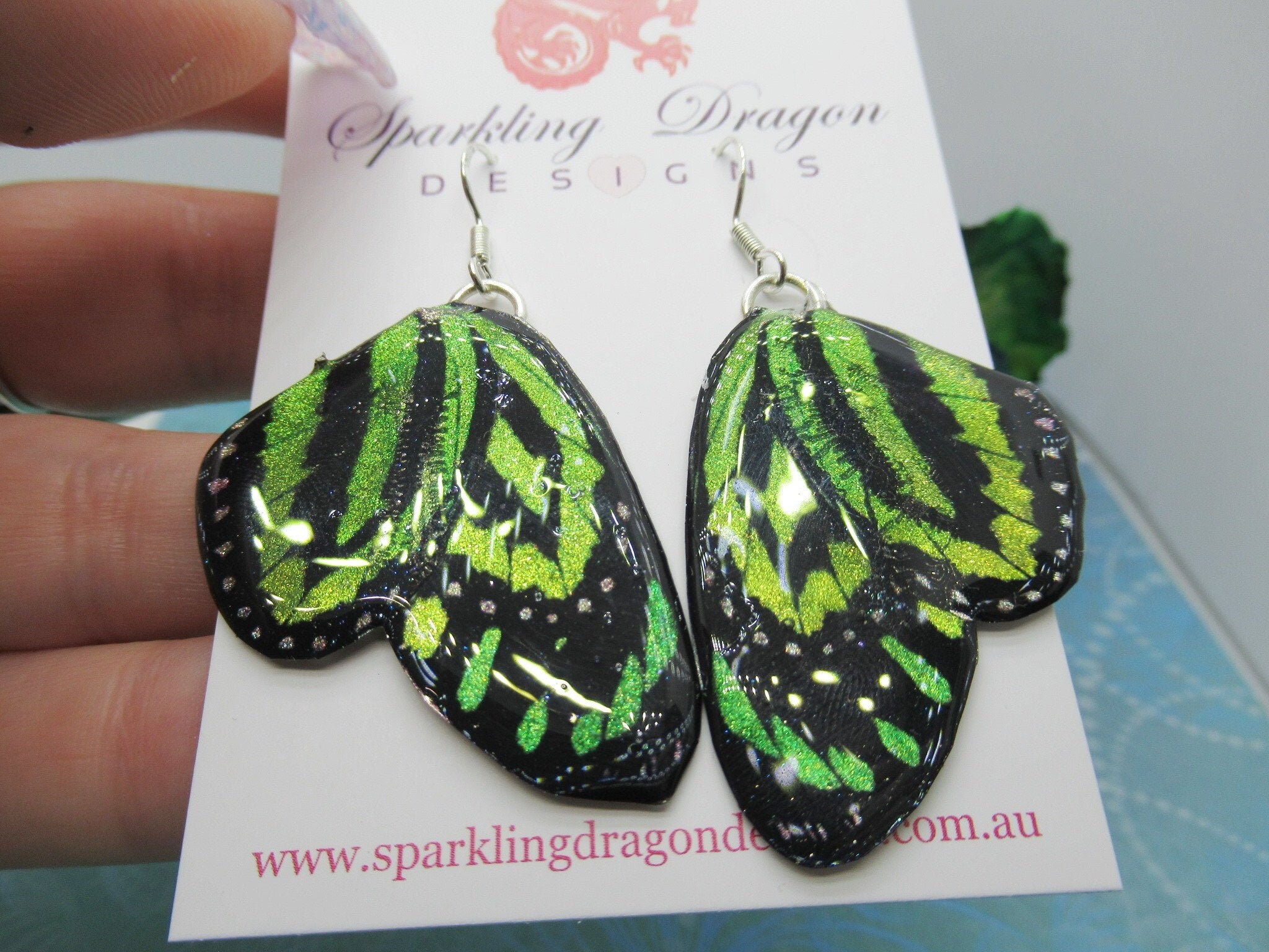 Vibrant Green Yellow Butterfly Double Wing Earrings - Shimmering Fairy Jewellery Fun Gift, Fairy Wing Earrings - Sparkly - Resin - Image 4