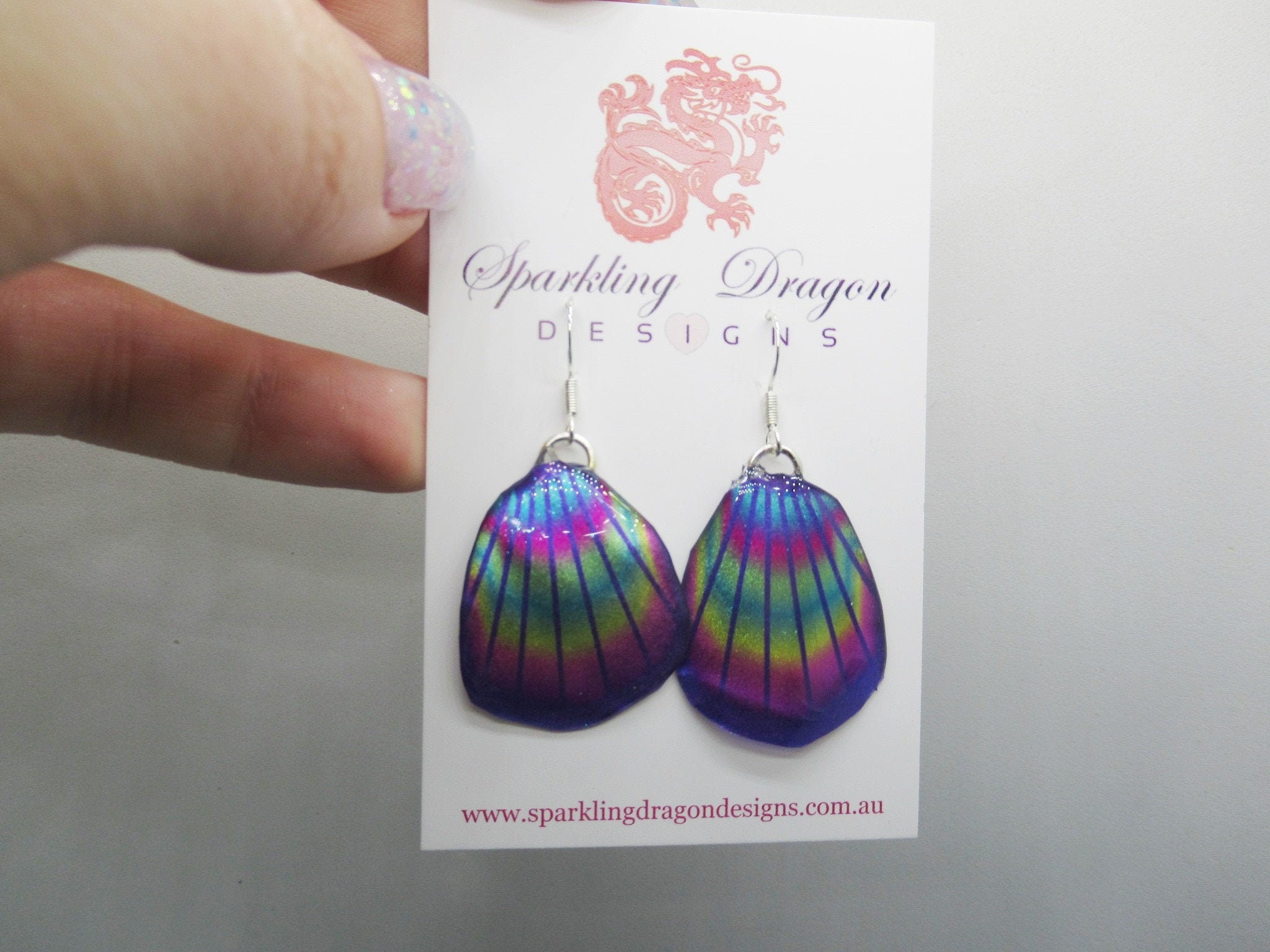 Butterfly Wing Earrings Blue & Rainbow Lines- Fairy Jewellery, Fun Gift for her Fairy Wing Earrings - Sparkly - Resin with Glitter Finish - Image 6