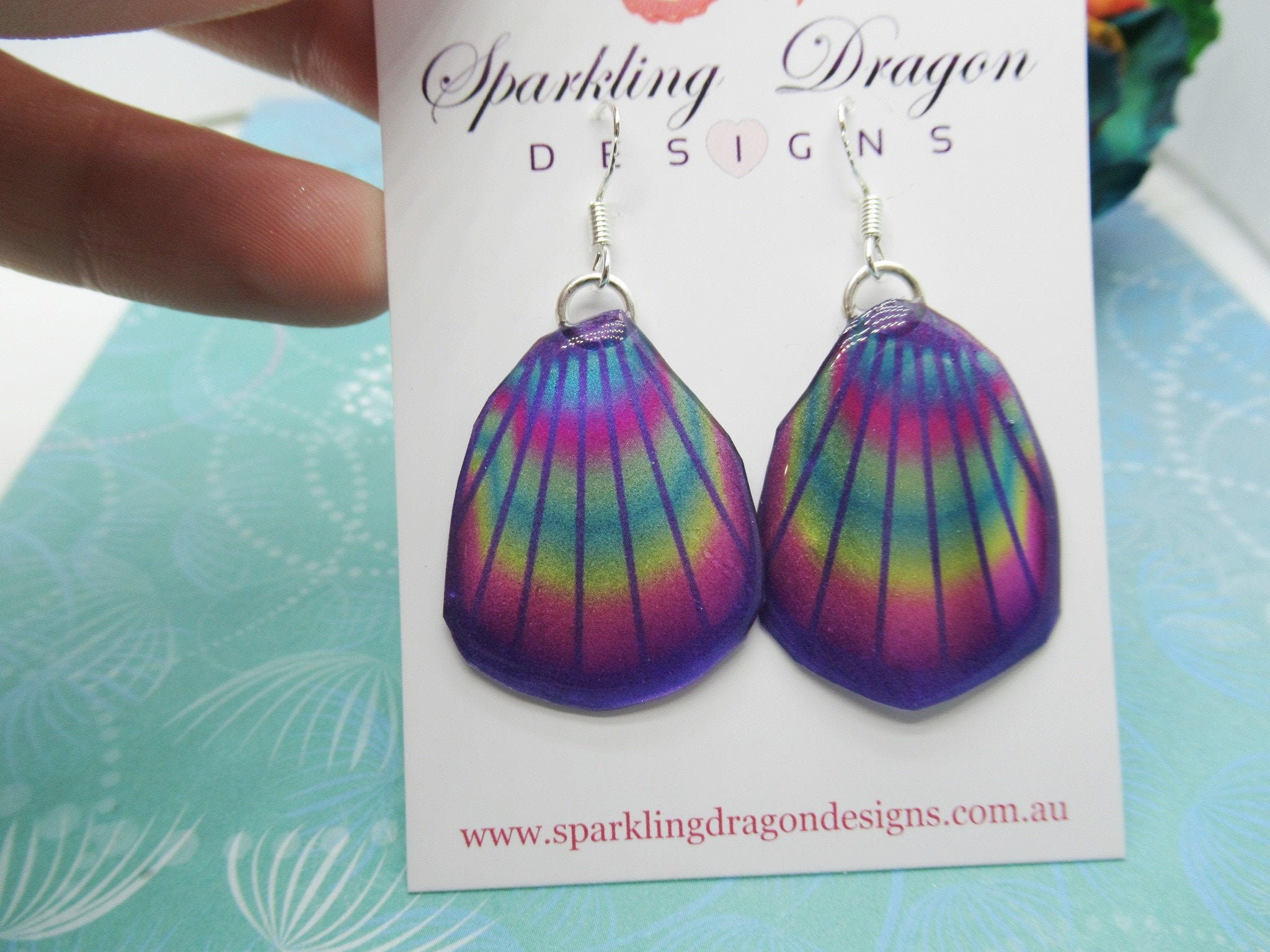 Butterfly Wing Earrings Blue & Rainbow Lines- Fairy Jewellery, Fun Gift for her Fairy Wing Earrings - Sparkly - Resin with Glitter Finish - Image 2