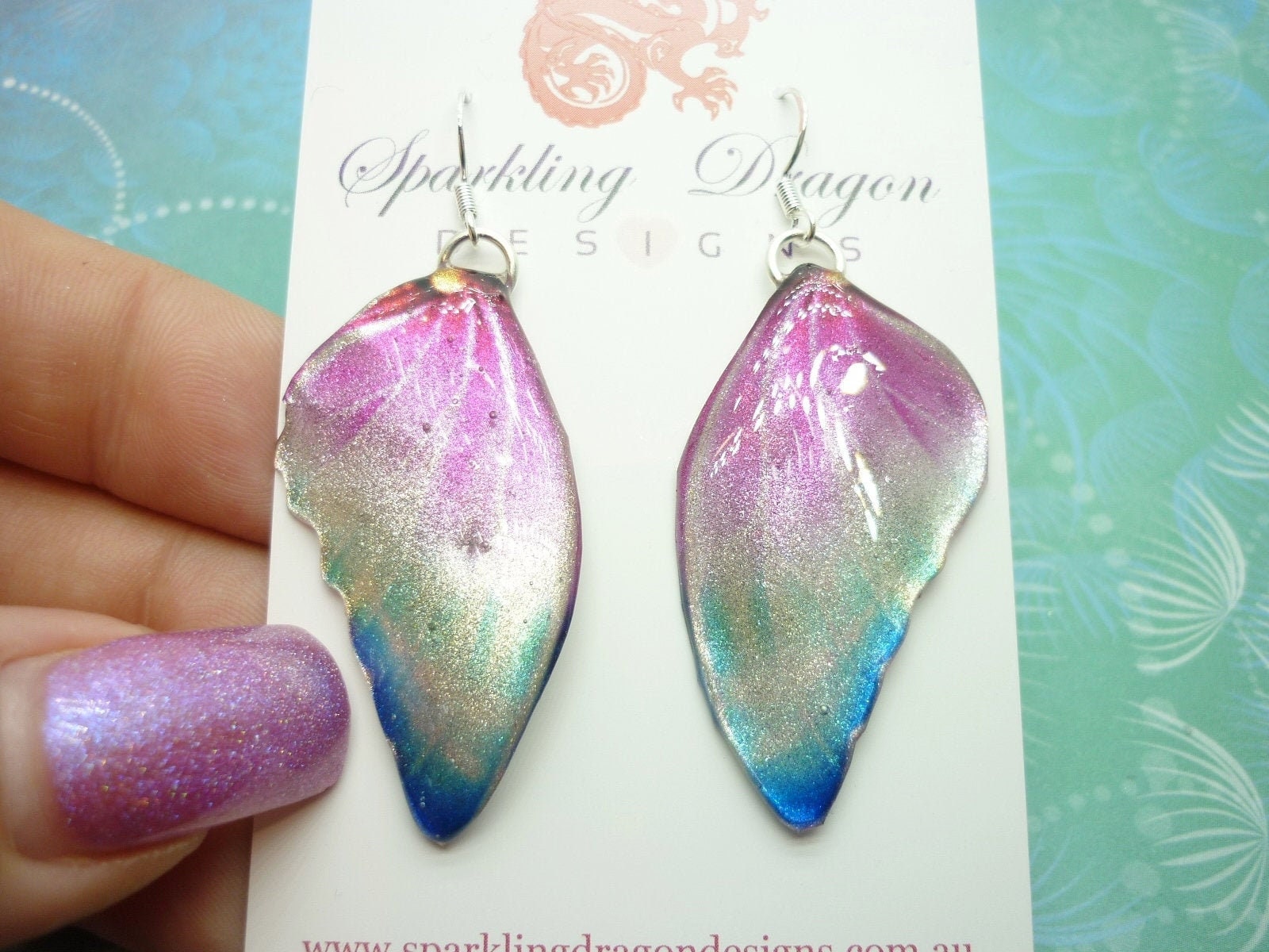 Butterfly Wing Earrings Misting Pink and Blue - Fairy Jewellery, Fun Gift for her Fairy Wing Earrings - Sparkly - Resin with Glitter Finish - Image 3