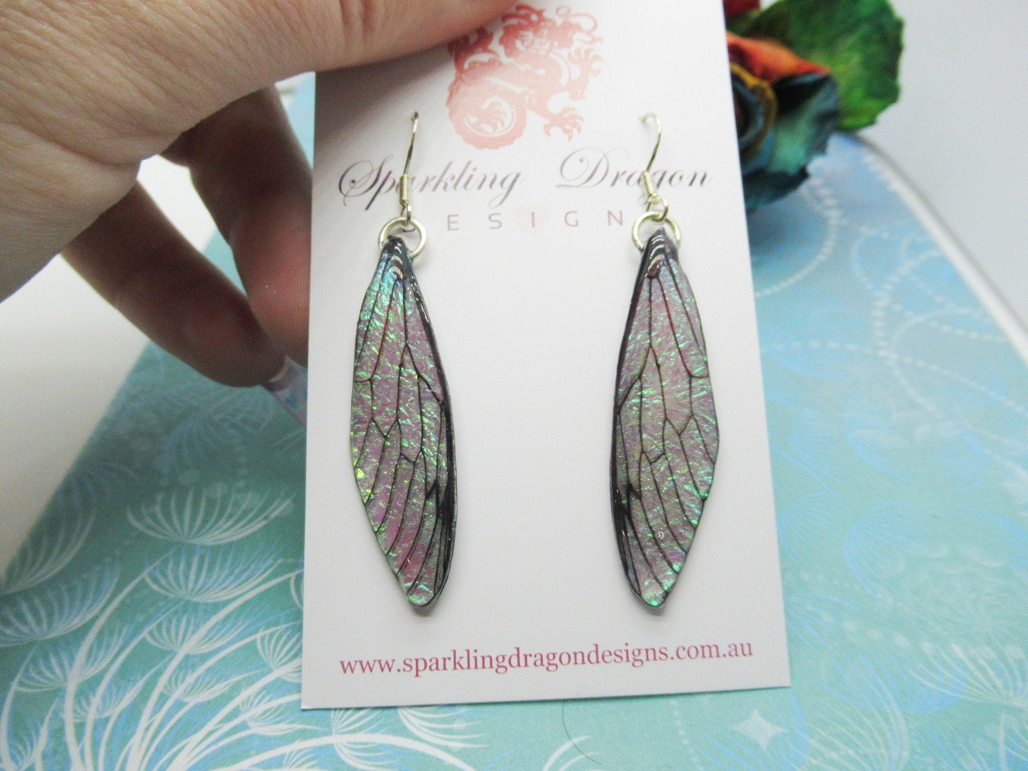 Butterfly Shimmer Blue & Grey Earrings - Fairy Jewellery Fun Gift Fairy Wing Earrings - Sparkly - Resin with Glitter Finish Dragonfly - Image 8