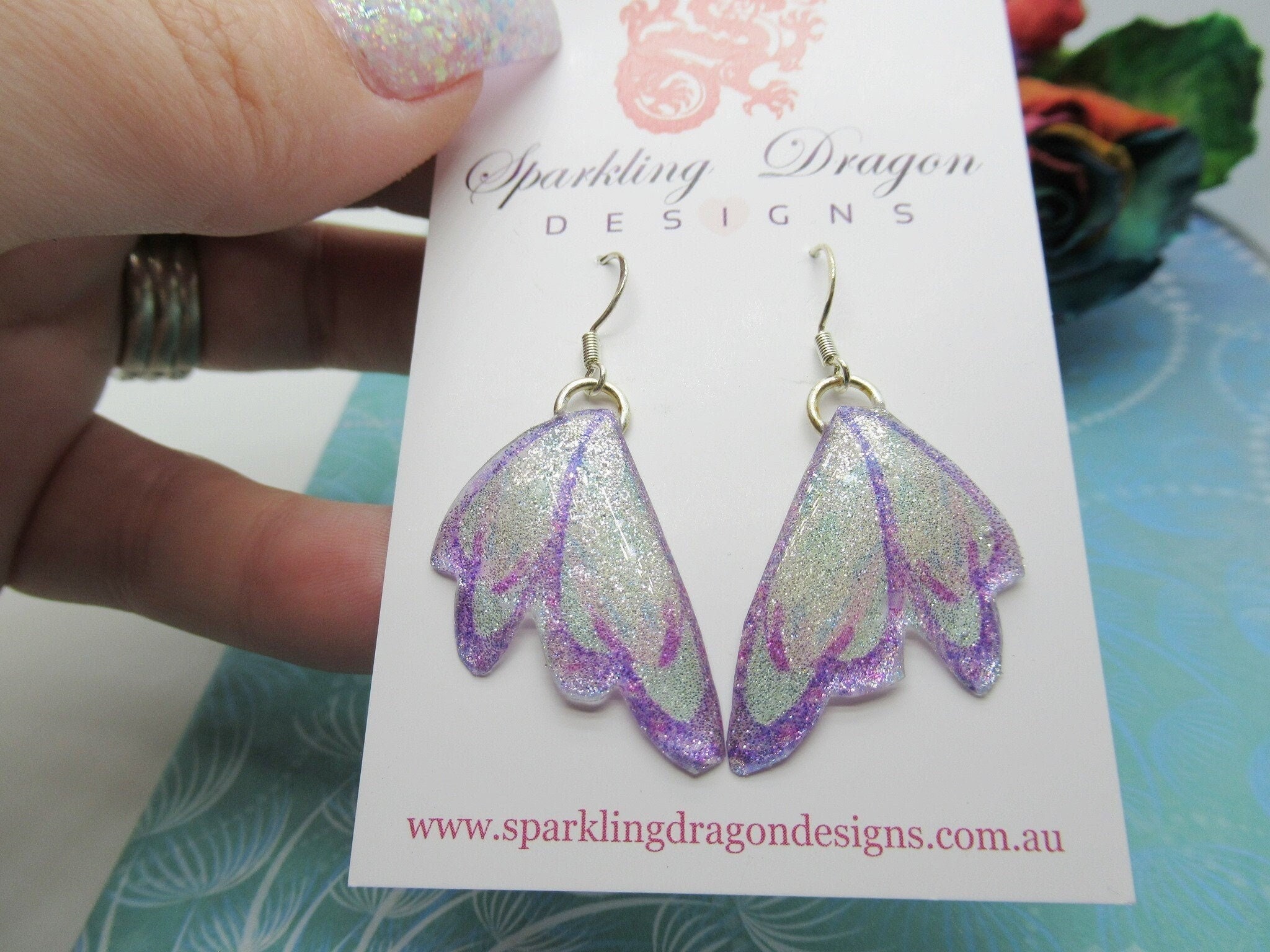 Butterfly Earrings Sparkling Silver & Purple - Fairy Jewellery, Fun Gift for her Fairy Wing Earrings - Sparkly - Resin with Glitter Finish