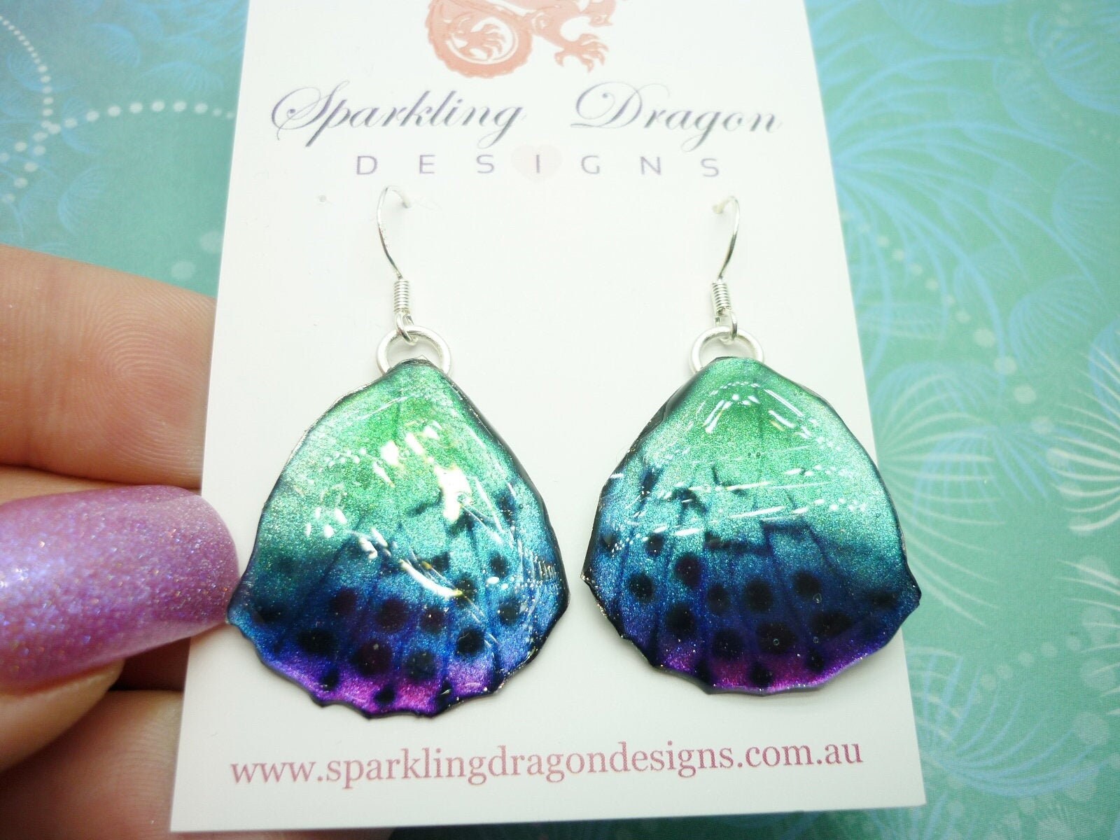 Butterfly Wing Earrings Blue & Pale Green/Pink- Fairy Jewellery, Fun Gift for her Fairy Wing Earrings - Sparkly - Resin with Glitter Finish - Image 4