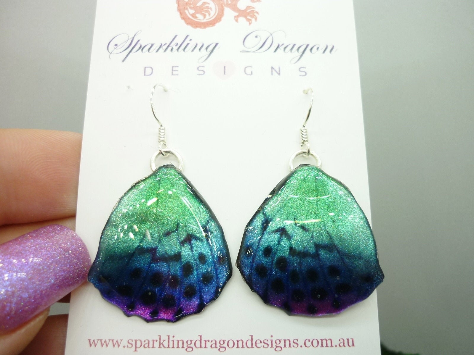 Butterfly Wing Earrings Blue & Pale Green/Pink- Fairy Jewellery, Fun Gift for her Fairy Wing Earrings - Sparkly - Resin with Glitter Finish - Image 2