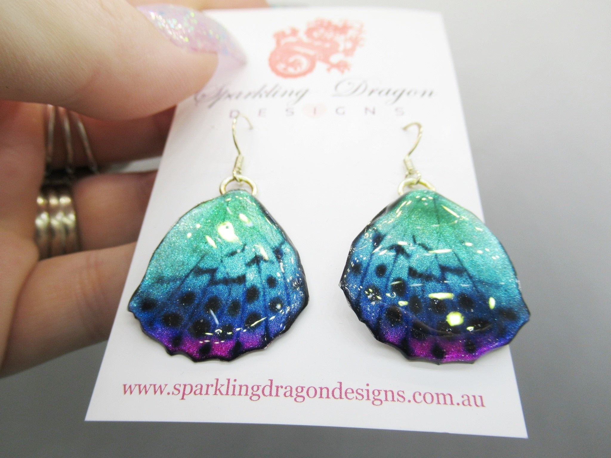 Butterfly Wing Earrings Blue & Pale Green/Pink- Fairy Jewellery, Fun Gift for her Fairy Wing Earrings - Sparkly - Resin with Glitter Finish
