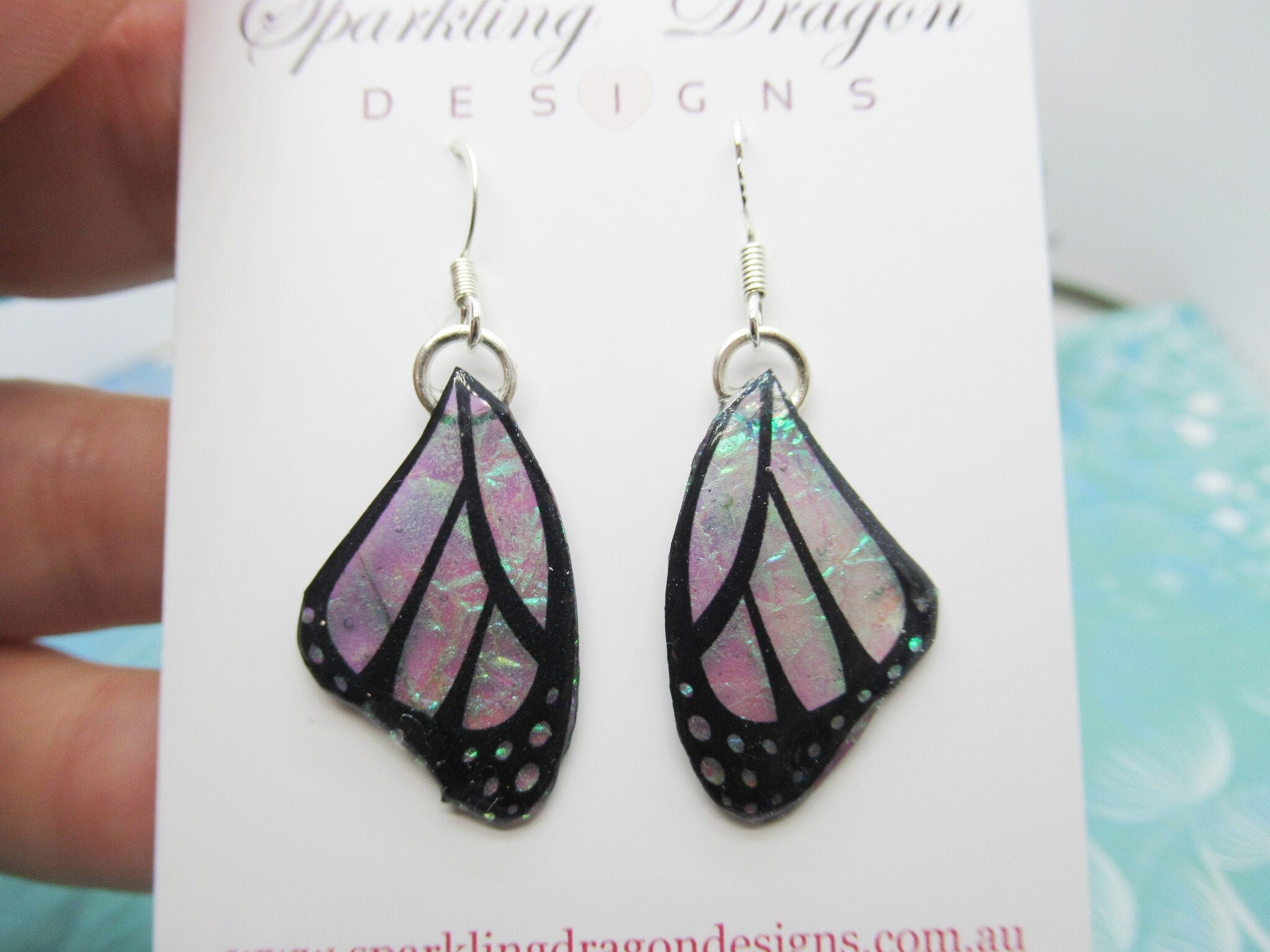 Butterfly Wings Earrings Colour Shift Pink & Green and Spots - Fairy Jewellery, Fairy Wing Earrings - Sparkly - Resin with Glitter Finish - Image 8