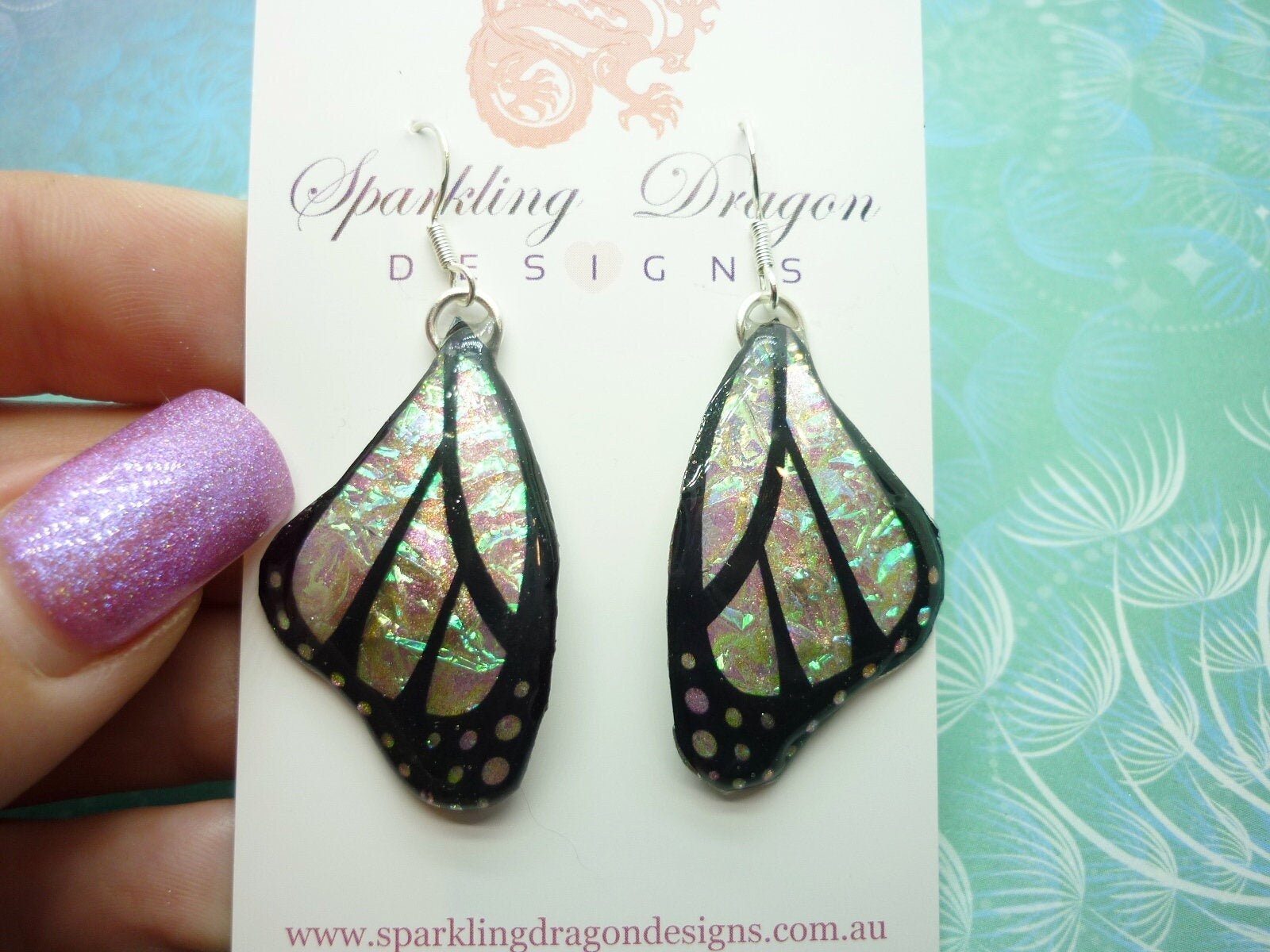 Butterfly Wings Earrings Colour Shift Pink & Green and Spots - Fairy Jewellery, Fairy Wing Earrings - Sparkly - Resin with Glitter Finish - Image 5