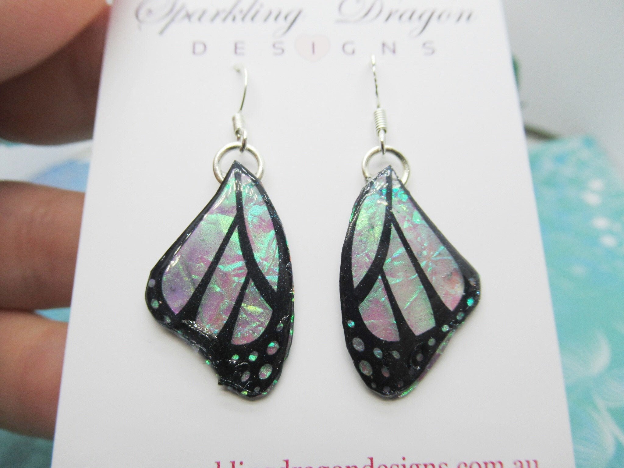 Butterfly Wings Earrings Colour Shift Pink & Green and Spots - Fairy Jewellery, Fairy Wing Earrings - Sparkly - Resin with Glitter Finish - Image 3