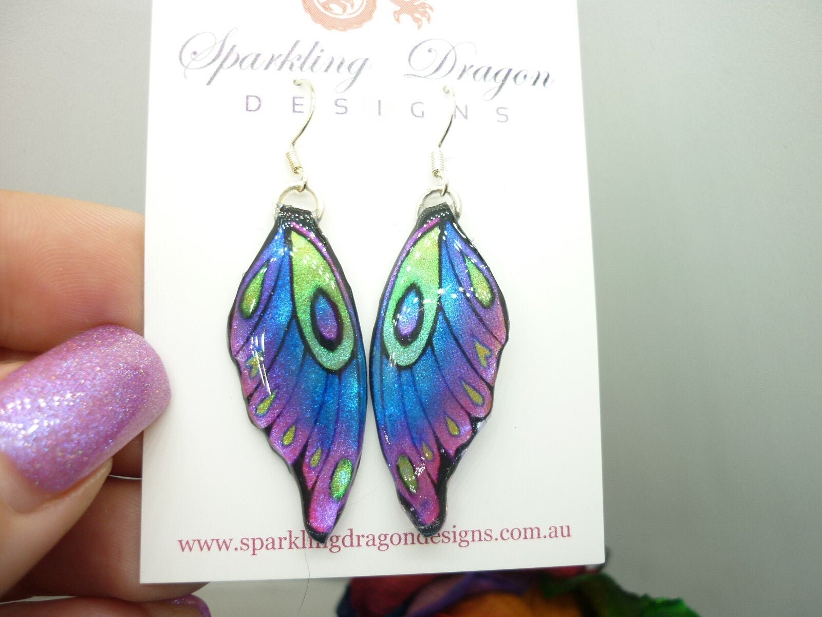 Butterfly Wing Earrings Blue Purple Green Fairy Jewellery, Fun Gift for her Fairy Wing Earrings - Sparkly - Resin with Glitter Finish Medium - Image 3