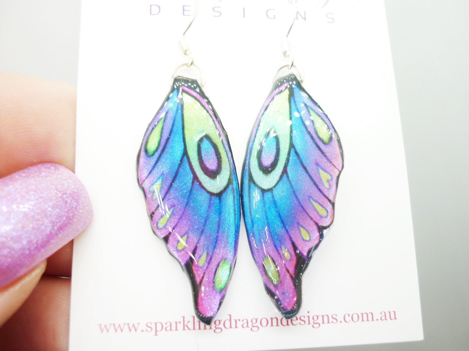 Butterfly Wing Earrings Blue Purple Green Fairy Jewellery, Fun Gift for her Fairy Wing Earrings - Sparkly - Resin with Glitter Finish Medium - Image 4
