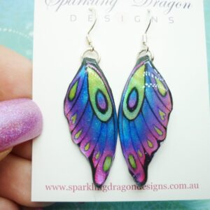 Butterfly Wing Earrings Blue Purple Green Fairy Jewellery, Fun Gift for her Fairy Wing Earrings - Sparkly - Resin with Glitter Finish Medium