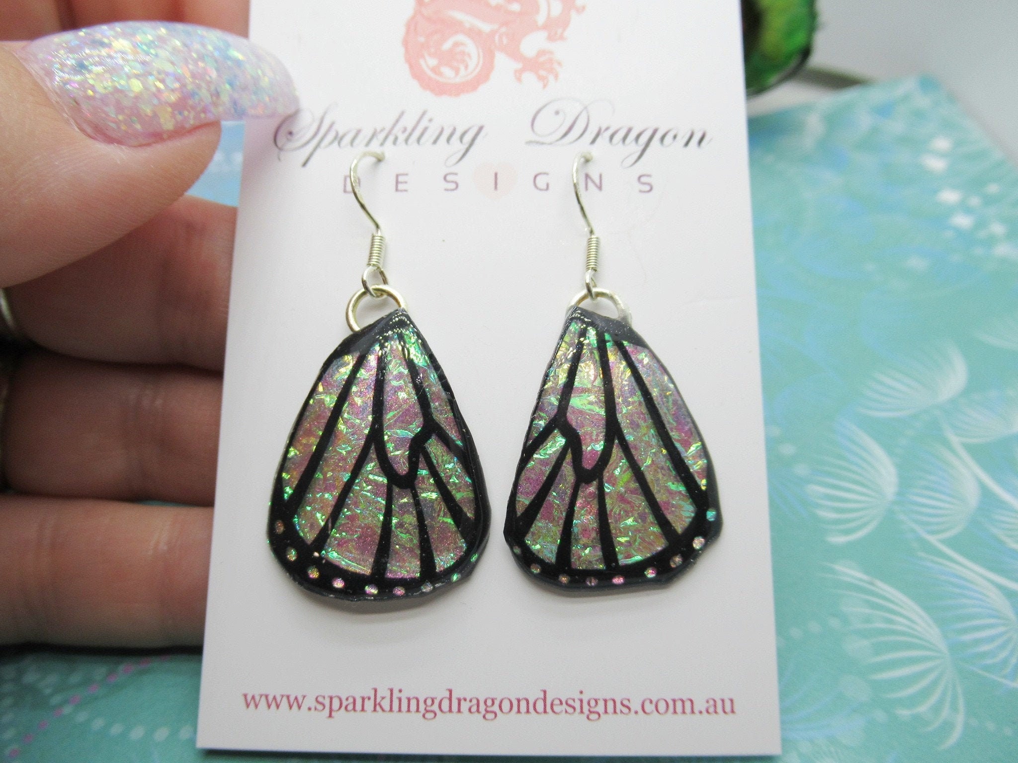 Butterfly Wings Earrings Colour Shift Pink/Green & Gold - Fairy Jewellery, Fairy Wing Earrings - Sparkly - Resin with Glitter Finish - Image 2