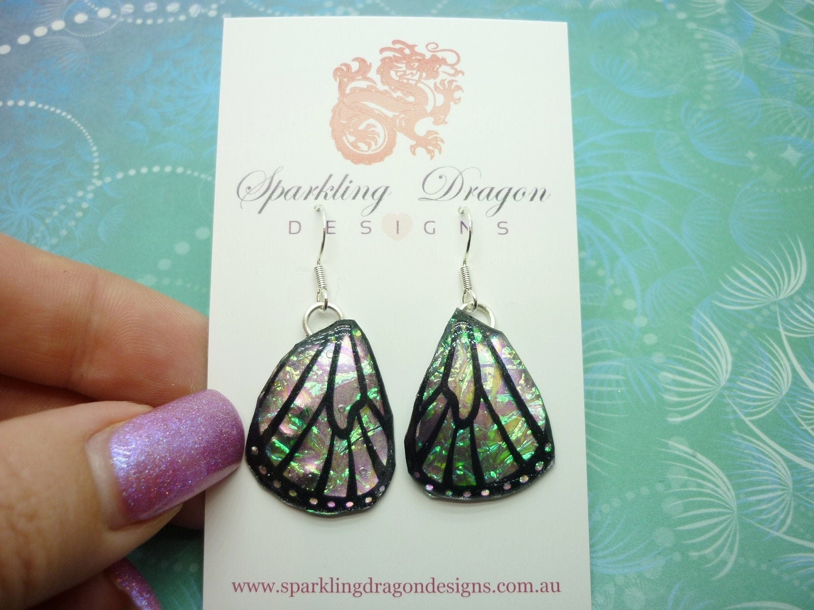 Butterfly Wings Earrings Colour Shift Pink/Green & Gold - Fairy Jewellery, Fairy Wing Earrings - Sparkly - Resin with Glitter Finish - Image 5